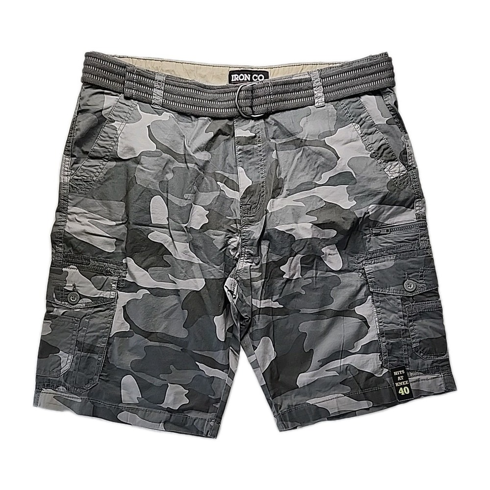 NWT Iron Co Gray Camo Performance‎ Cargo Shorts Men's 40 Belted Stretch 11" New